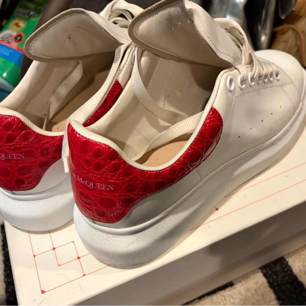 Alexander McQueen White Leather Sneakers with Red Croc Heel Tab